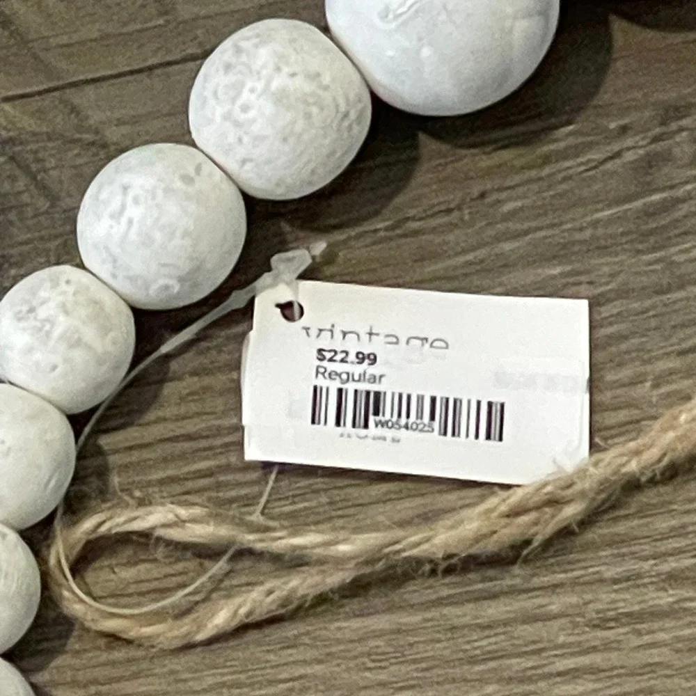 Vintage White Washed Wood Bead Garland Jute Tassel Farmhouse Decor 94 Inch